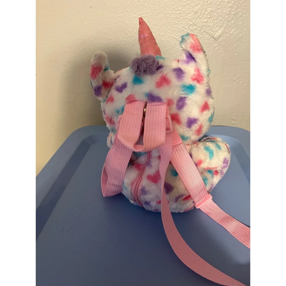 Carried Away Bags Kids Plush Unicorn Backpack White Heart Print‎ Faux Fur Pink